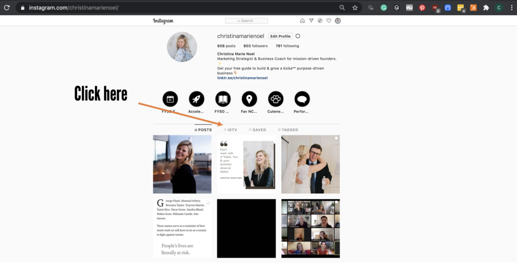 Image of Christina Marie Noel Instagram profile with an orange arrow pointing at the IGTV tab